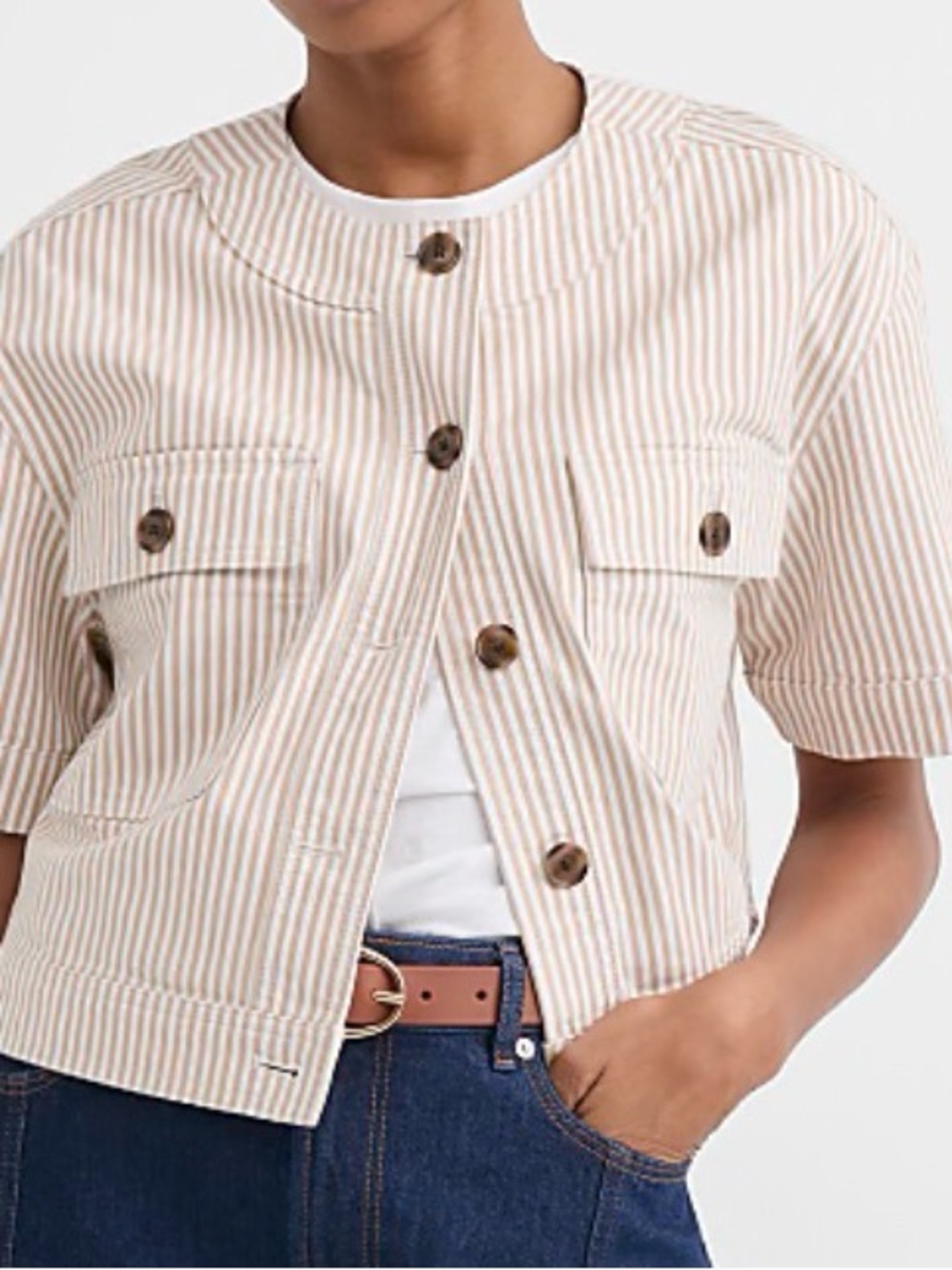 Loft Cropped Tan and White Striped Short Sleeve Jacket - NWT